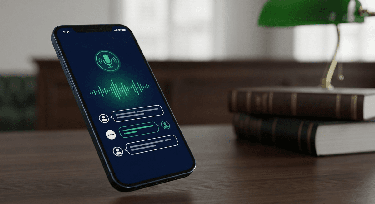 Agent Vocal IA LexCall pour Cabinets d'Avocats Agent vocal IA pour avocat — interface de conversation intelligente sur smartphone dans un cabinet juridique