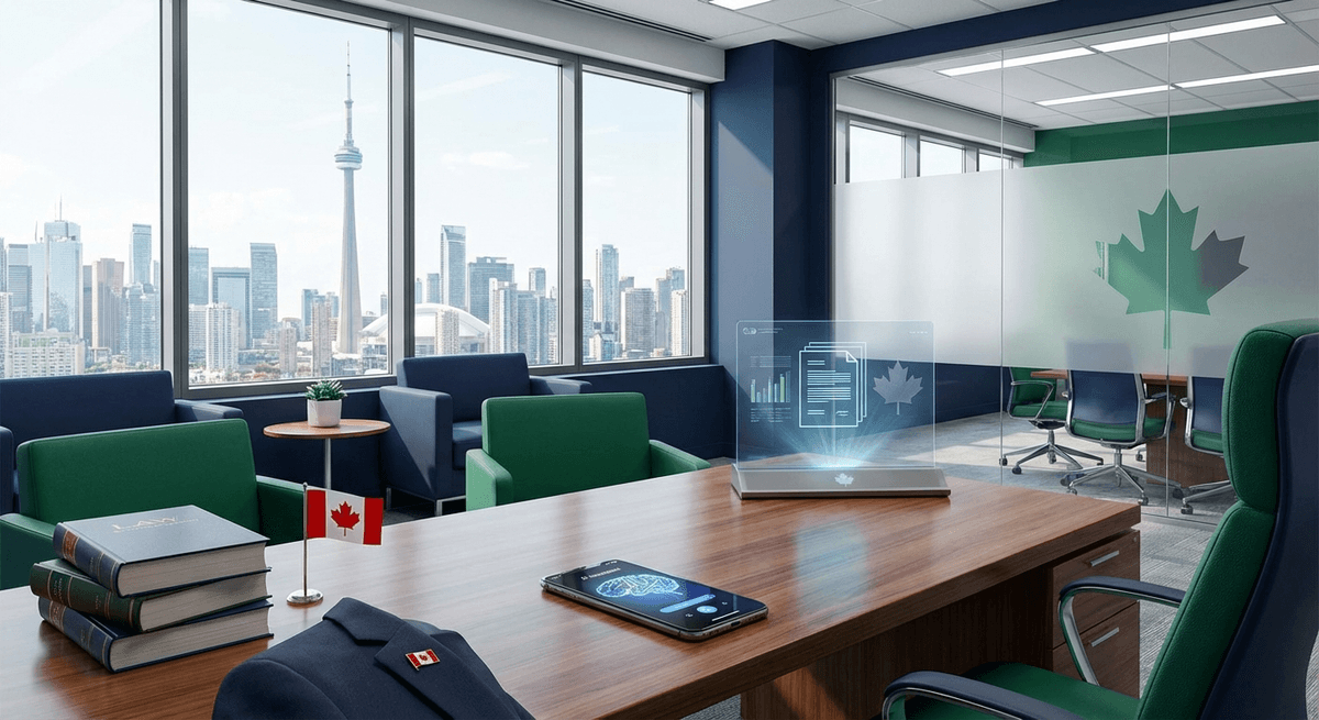 LexCall AI Voice Agent for Canadian Lawyers AI voice agent for Canadian law firms โ modern legal office with AI phone assistant technology