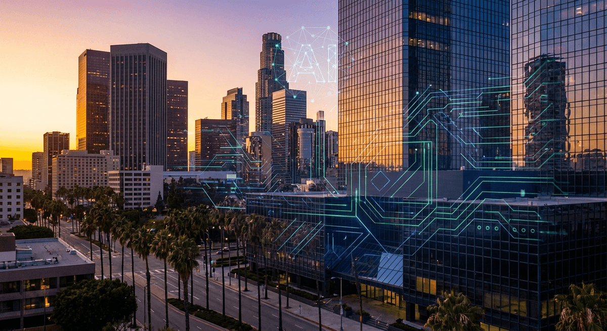 LexCall AI Voice Agent for Los Angeles Lawyers AI voice agent for lawyers in Los Angeles โ LA skyline with modern legal technology